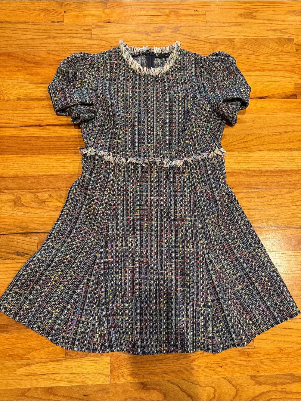 Fate Multicolor Tweed Dress with Puff Sleeves and Fringe